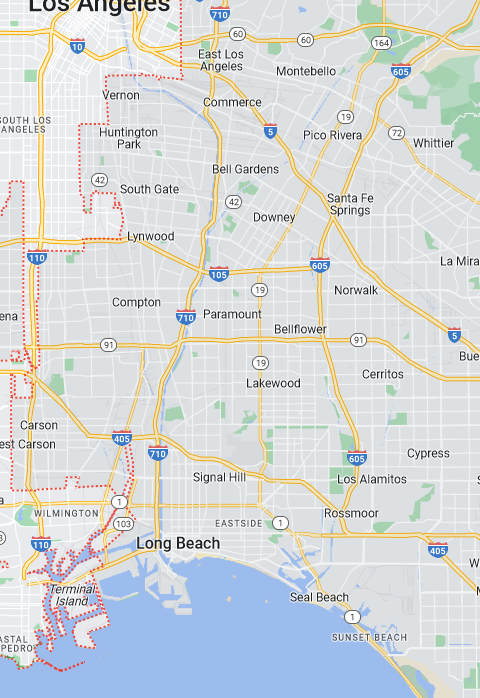 A map screenshot of southeast LA County, featuring Long Beach, Compton, Norwalk, and Santa Fe Springs.