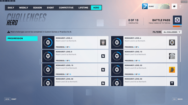 A screenshot of player hero challenges in OW2.