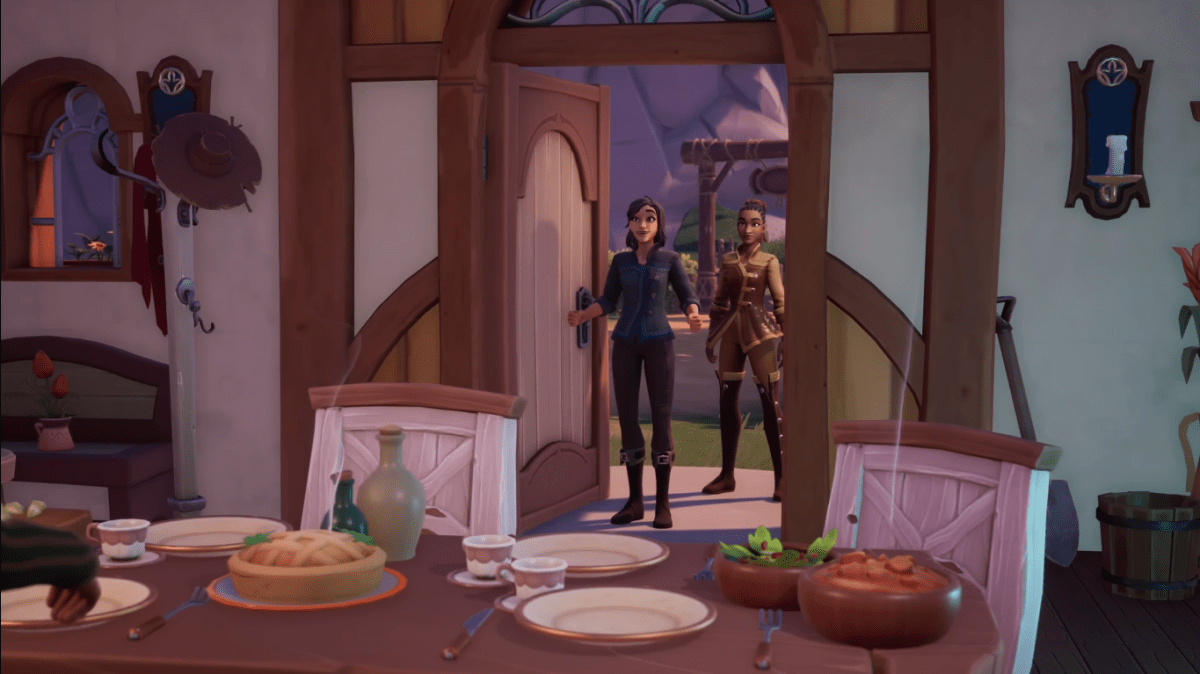 Two Palia characters look in at the house they've been decorating, with a table set for a meal in front of them.