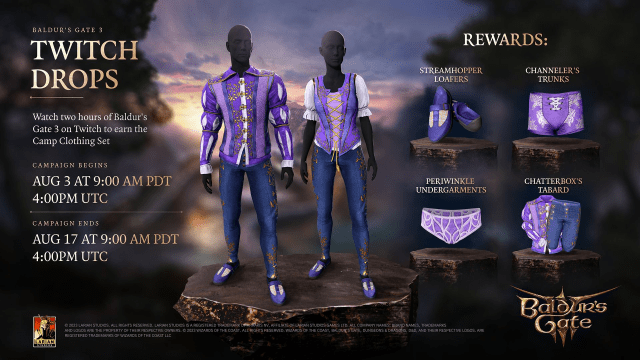 Images of the Baldur's Gate 3 Twitch drops camp clothing.
