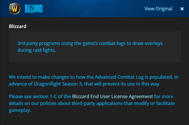 Forum post from Blizzard on third-party tool policy.