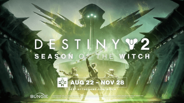 Destiny 2 Season of the Witch promotional images, listing the run dates of Aug. 22 to Nov. 28. 