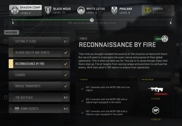 A screenshot of the mission select screen in DMZ, with the Reconnaissance By Fire mission selected.