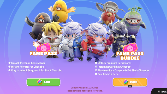 Screenshot showing Fame Pass buying options in Fall Guys.