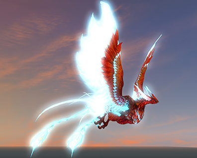 Red phoenix with white wings flying in the sky.