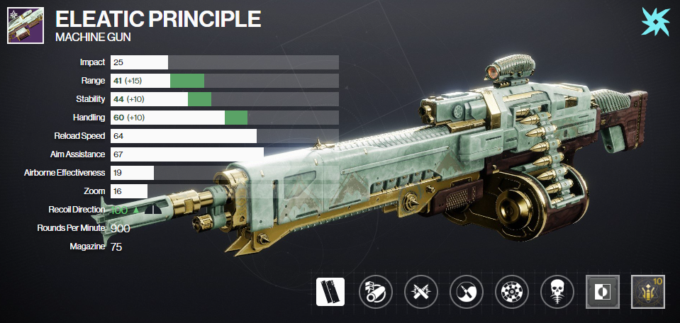 The stats page of the Eleatic Principle for PvP, a machine gun with a light green color scheme and golden bullets.