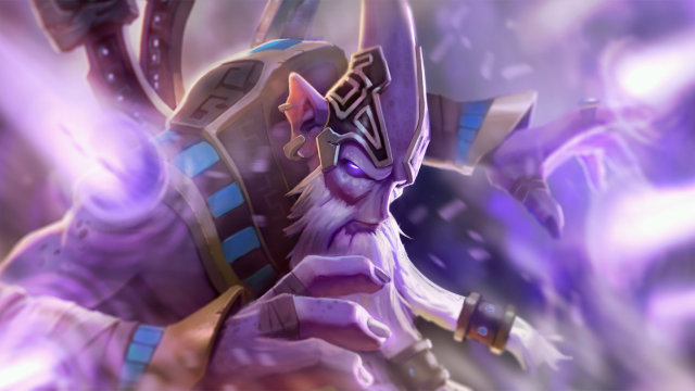 Dark Seer, a master tactician. charges up an Ion Shell of purple energy and prepares to fire it in Dota 2.
