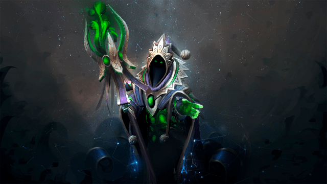 A mischievous mage with a purple cloak and a green staff gestures in front of a field of stars in Dota 2.