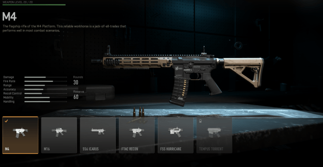 A screenshot of the Gunsmith in Call of Duty: Modern Warfare 2, with the variants of the M4 shown at the bottom.