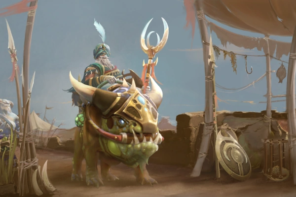 A merchant sits atop a beast in the sands in Dota 2.