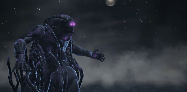A purple tentacle beast with a glowing eye emerges from the dark and mist in Remnant 2.
