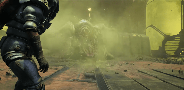 A giant beast with teeth screams and sends gas flying at a character in Remnant 2.