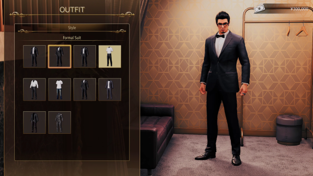 Kazuma Kiryu selecting one of several base outfits, which can then be further modified.