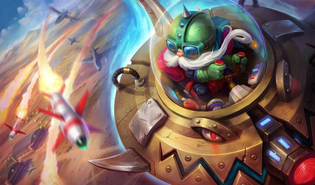 A Yordle from League of Legends flying a UFO and dodging rockets.