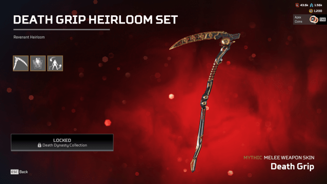 The Death Grip Heirloom, a black and gold scythe set on a red background.
