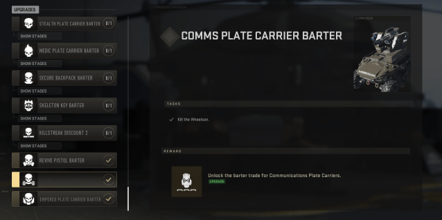 A screenshot of the Bounty Board unlock screen in DMZ, with the window for the Comms Plate Carrier selected.