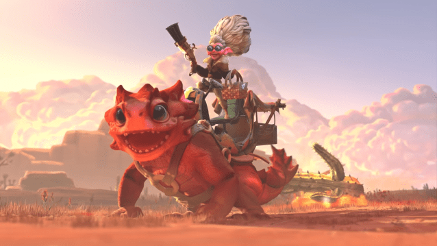 An old lady sits wielding a shotgun atop a dragon-like mount in the desert as a cactus falls over behind her.