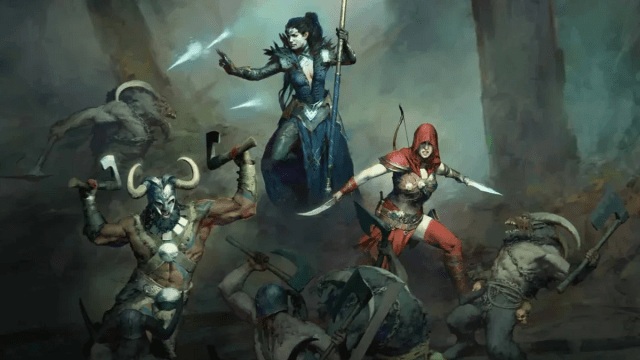 Three allied characters from Diablo 4 fighting demons