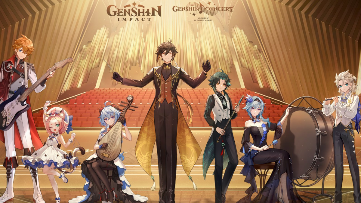 Genshin Impact characters in outfits for a concert, including Zhongli as the maestro.