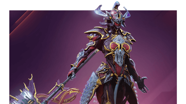 An image showing Gara Prime with her default colors over a pink-purple background.