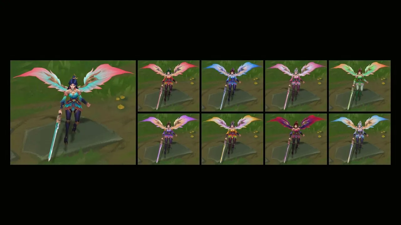 Woman with wings and a sword in eight different colors in League of Legends