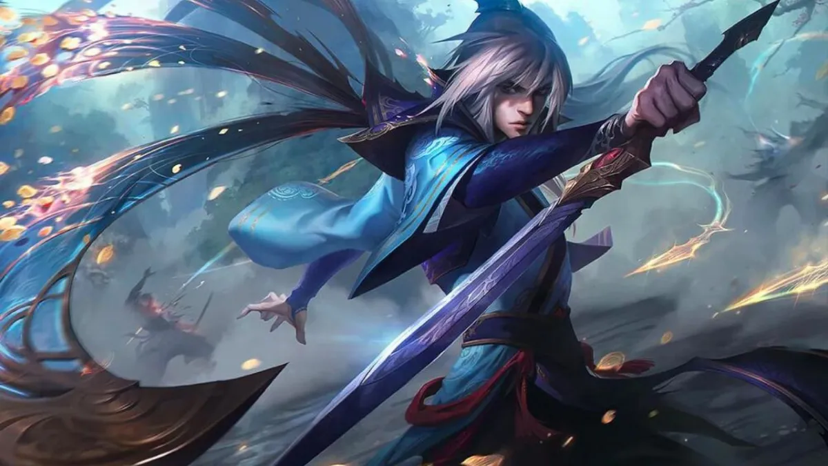 Man wearing a hood holding a sword in front of his body in League of Legends