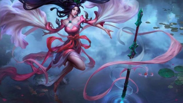 Woman floating in the air levitating a green sword beside her in League of Legends