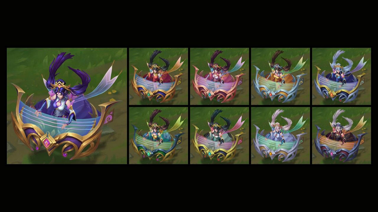 Woman playing a musical instrument in eight chroma colors in League of Legends