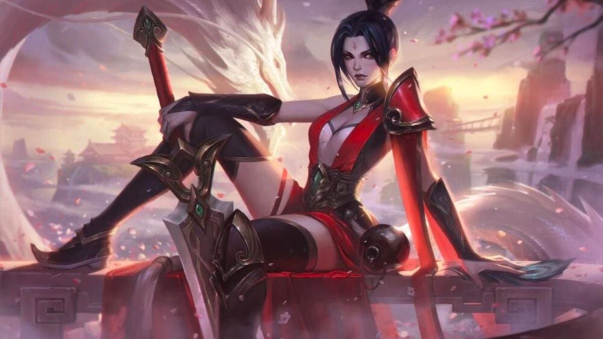 Woman wearing red armor and wielding a large sword in League of Legends