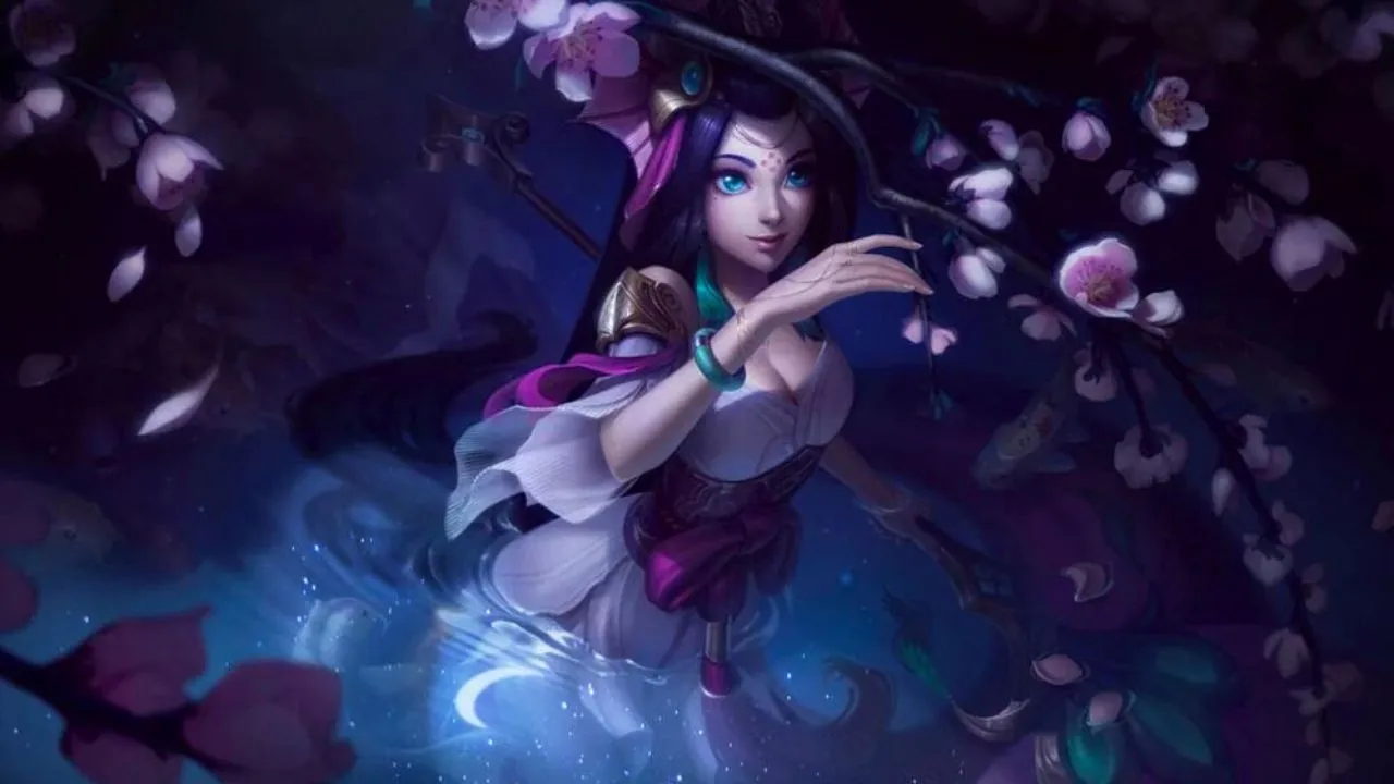A woman in water touching a cherry blossom tree in League of Legends