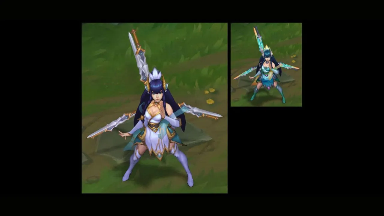 Woman with long hair surrounded by three swords with one chroma color in League of Legends