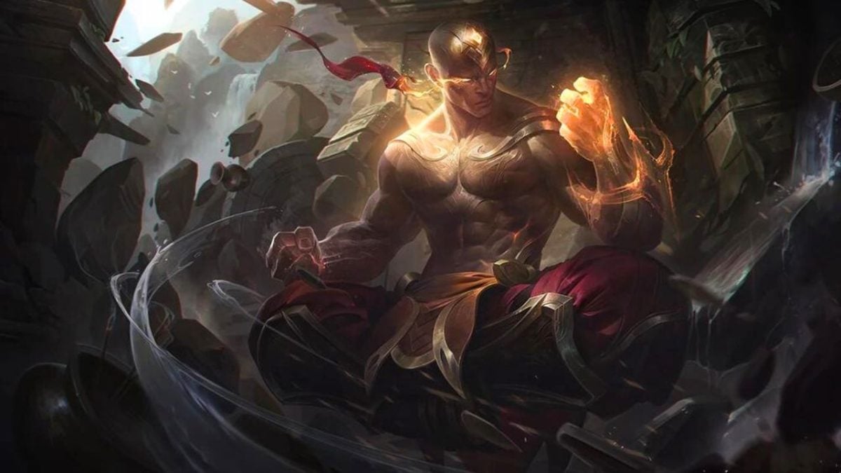 A man sitting down with glowing eyes, head, and hands in League of Legends
