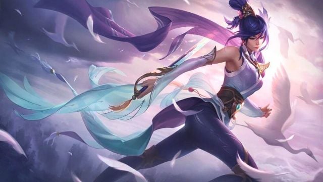 Woman wielding a thin sword surrounded by floating fabric in League of Legends