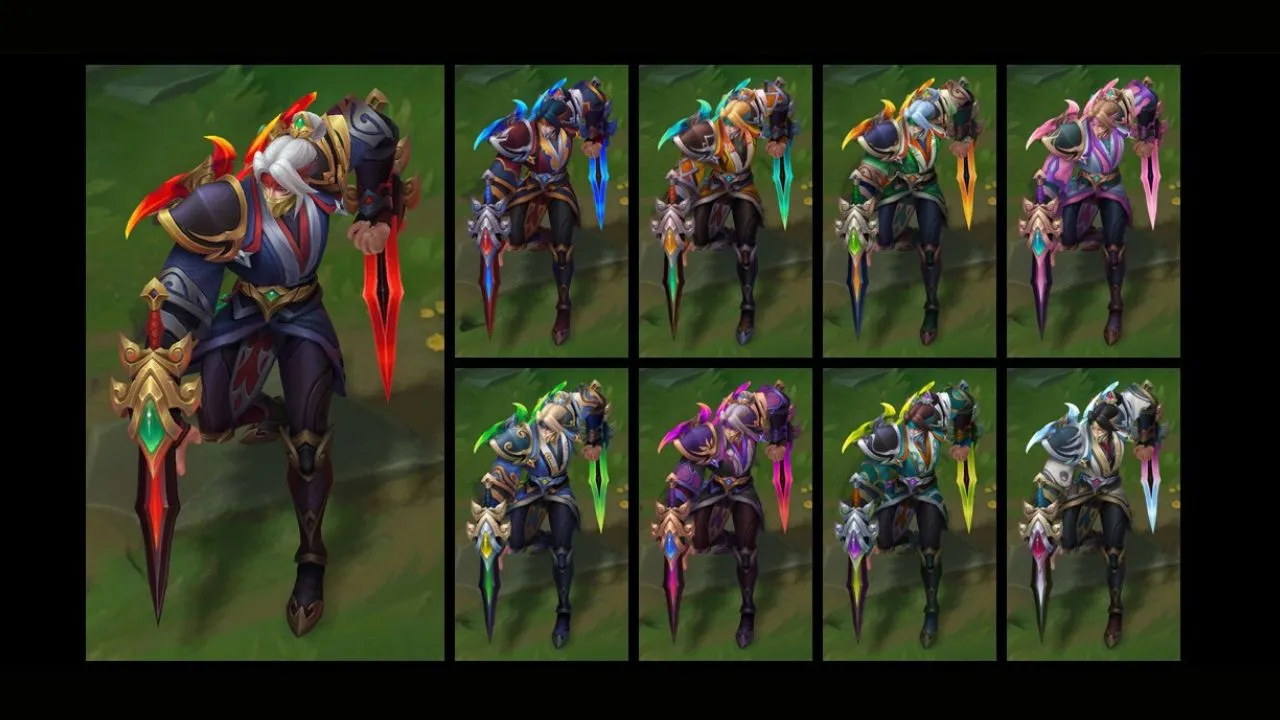 Man wearing a mask wielding two blades in eight chroma colors in League of Legends