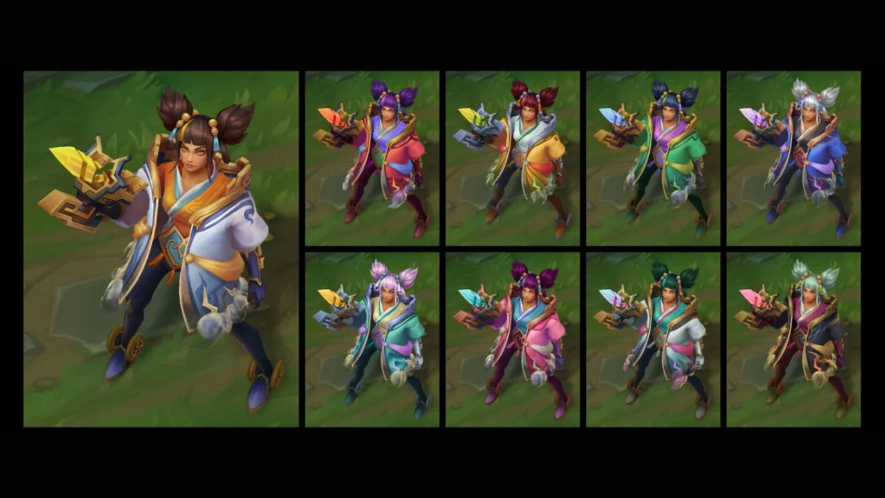 Woman with hair in pig-tails wielding guns in eight chroma colors in League of Legends