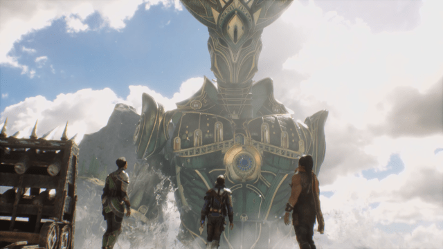 Image of three figures standing before a colossal mechanical construct.