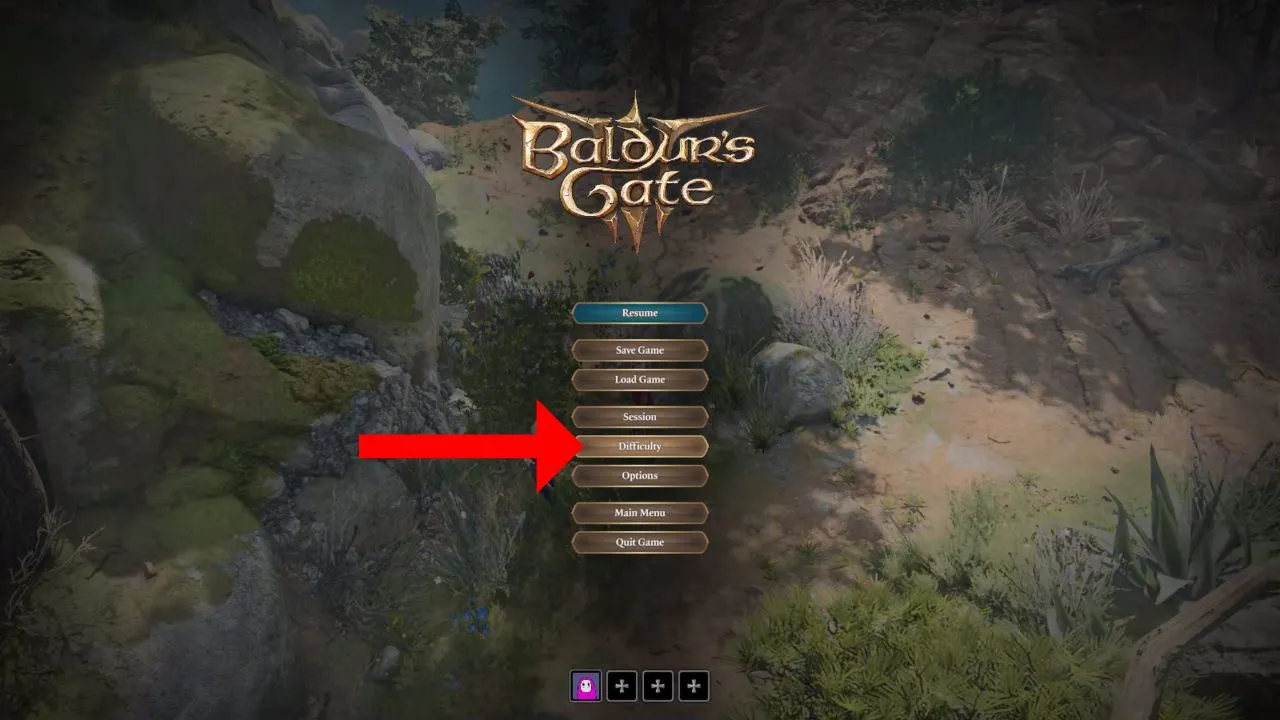 Red arrowing pointing to the difficulty menu option in Baldur's Gate 3