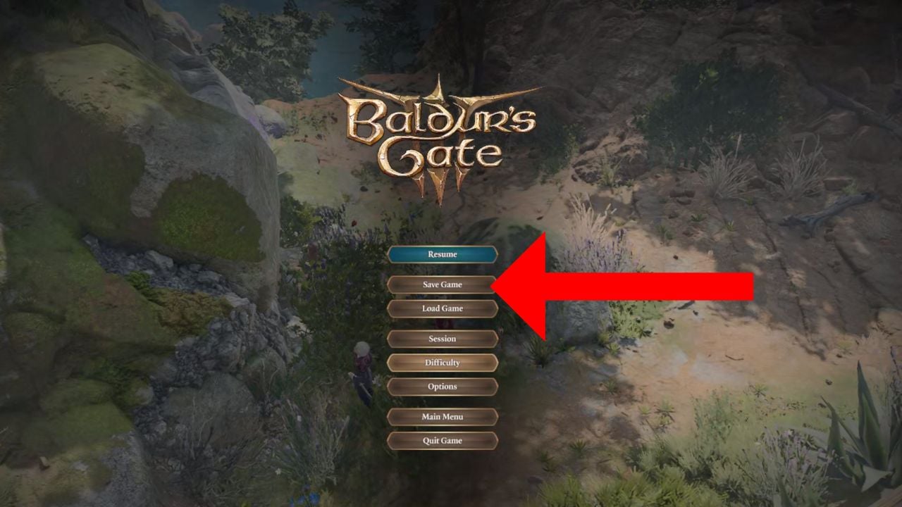 Baldur's Gate 3's in-game menu with a red arrowing pointing to the save sub menu