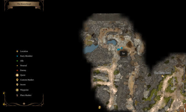 Image of the grid map of Baldur's Gate 3, showing an adventuring party inside of the Gnoll cave.