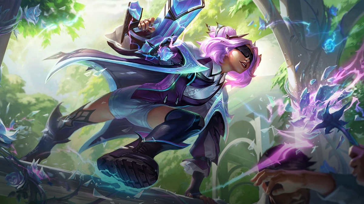 Withered Rose Zeri jumps over a fallen tree with her lightning weapon in her hand in League of Legends