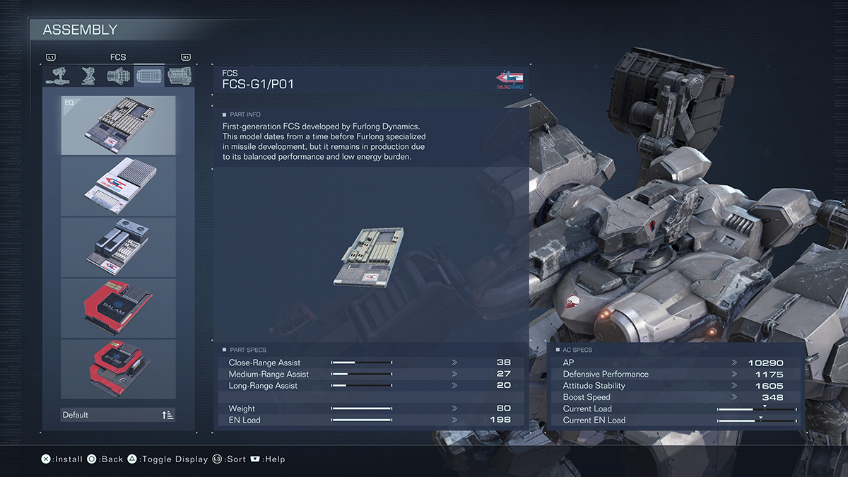 A menu screen for the FCS-G1/PO1 from Armored Core 6.