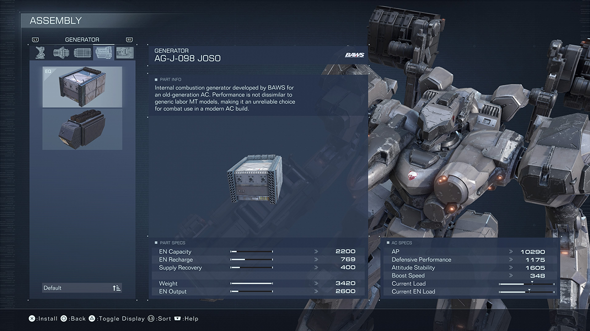 A menu screen for the AG-J-098 JOSO from Armored Core 6.