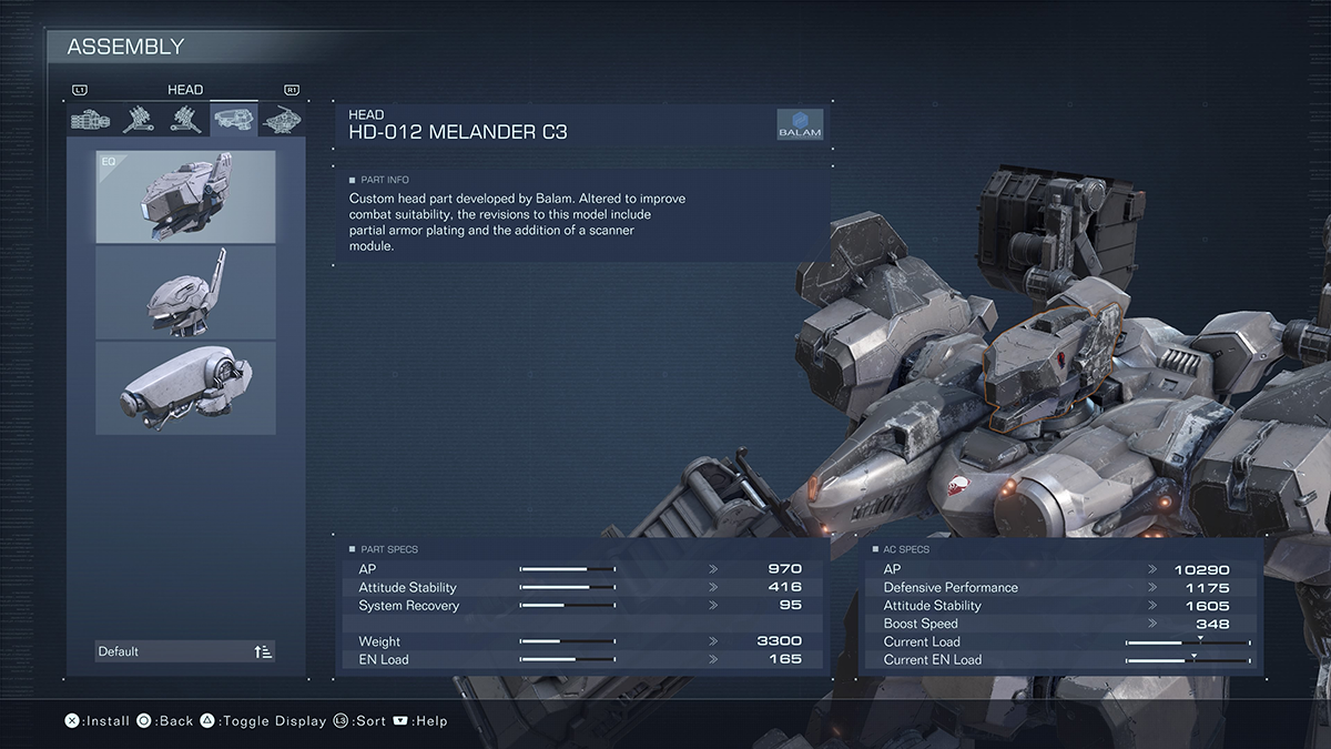 A menu screen for the HD-012 Melander C3 from Armored Core 6