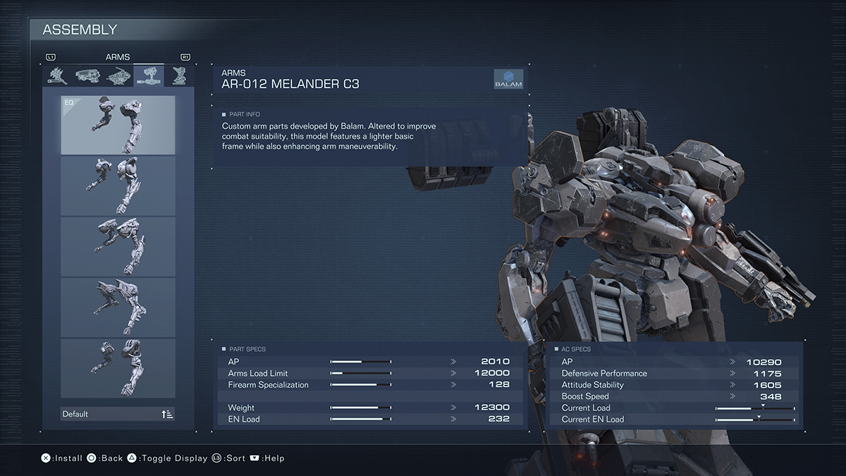 A menu screen for the AR-012 Melander C3 from armored core 6.
