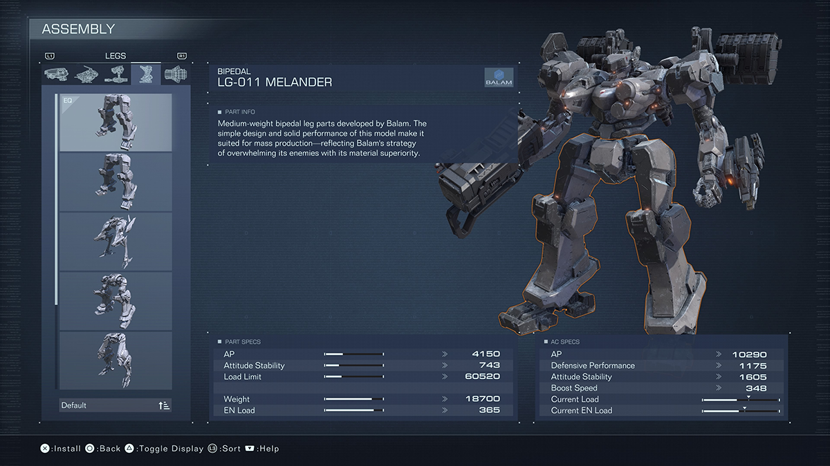 A menu screen for the LG-011 Melander from Armored Core 6.