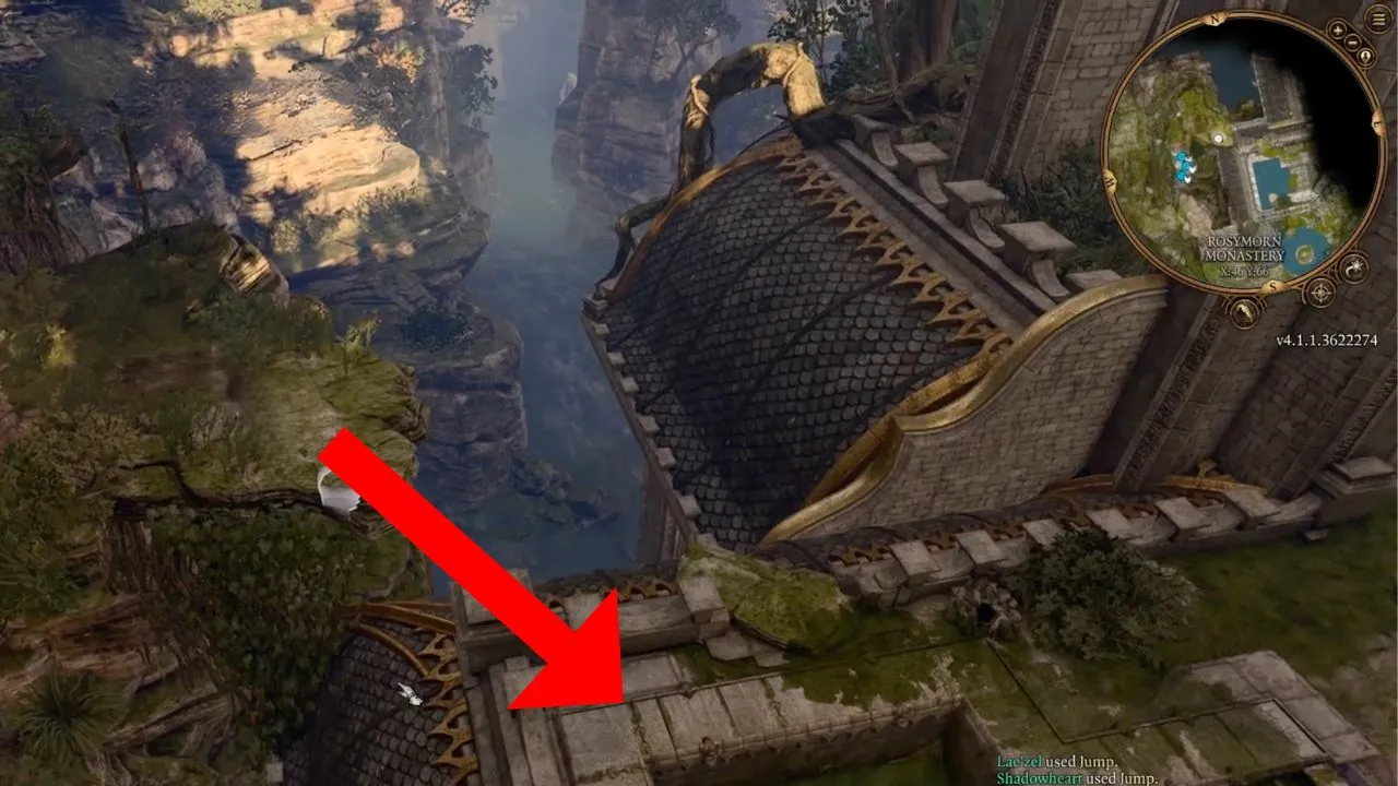 Red arrow pointing to a rooftop in the Rosymorn Monastery BG3