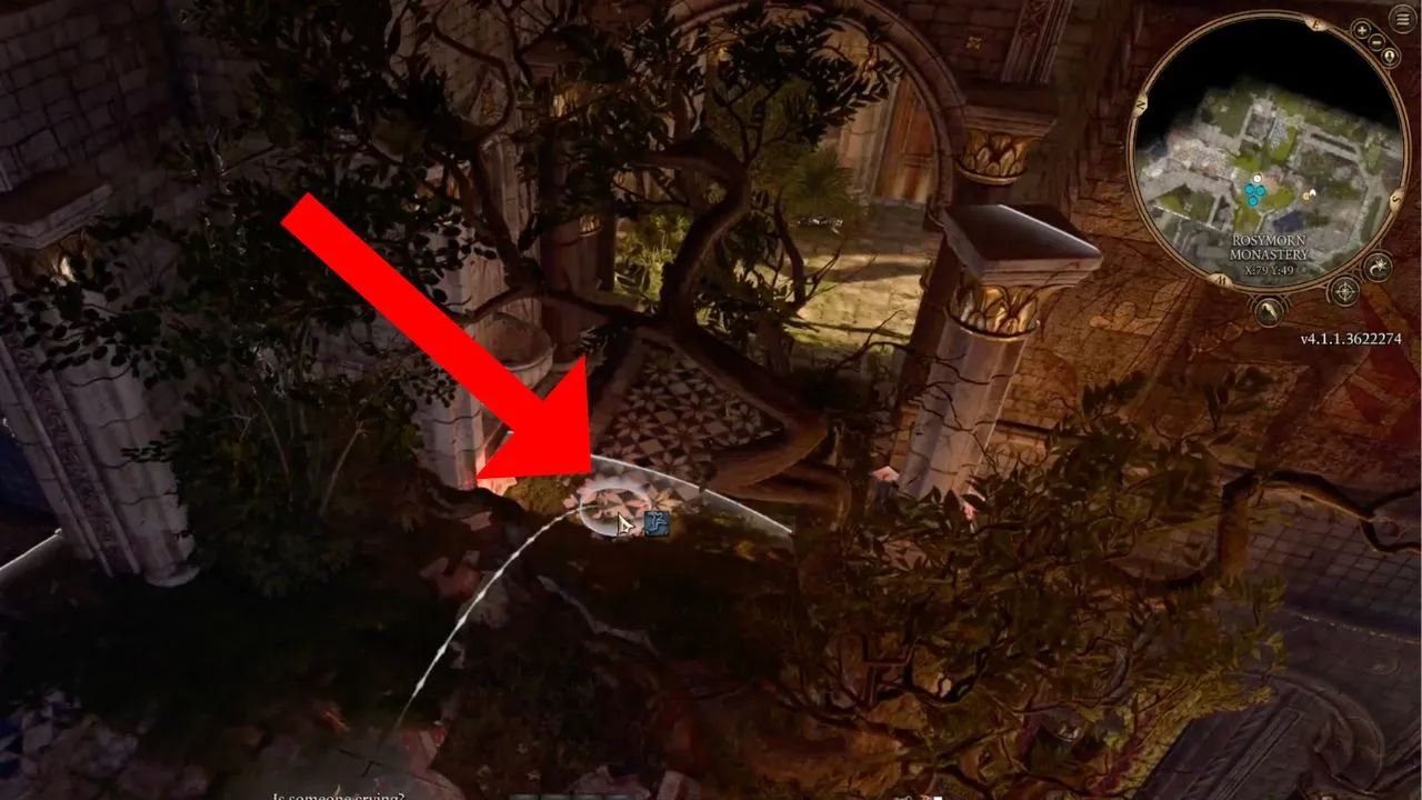 Red arrow pointing to where character needs to jump to clear a broken path in BG3