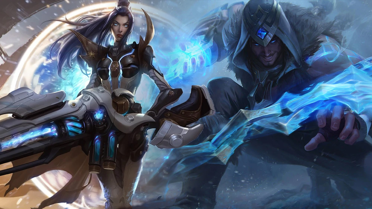 Caitlyn, in white armor and wielding a giant gun, and Sylas, in a cloak and wielding chains of ice, battle in League of Legends.