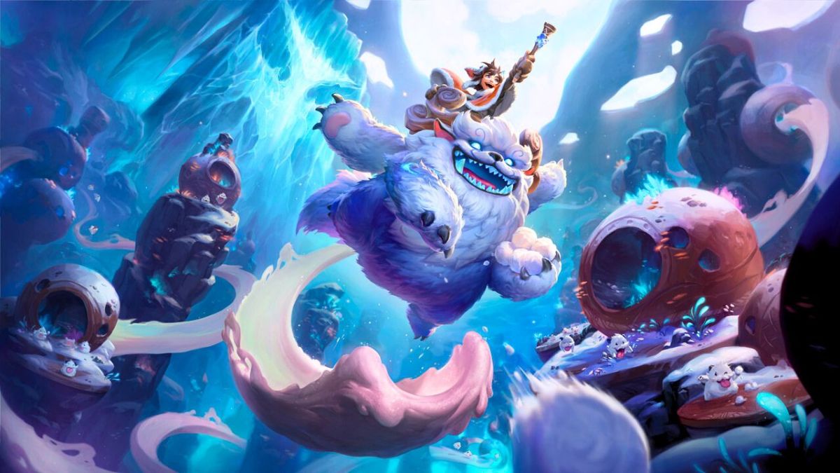 A boy riding a large fluffy creature surrounded by ice in League of Legends