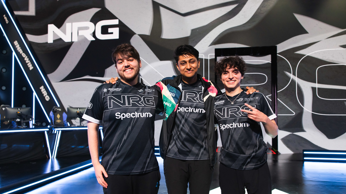The NRG core of Palafox, Dhokla, and Contractz celebrate on-stage at the LCS following their qualification to Worlds 2023.